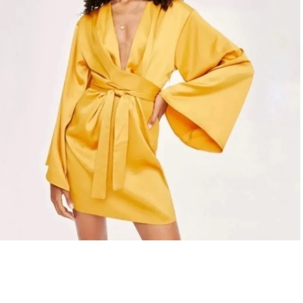 Nasty Gal Plus Satin deep V Tie Front Mini Kimono Dress Green US 14 NWT - Picture 12 of 12